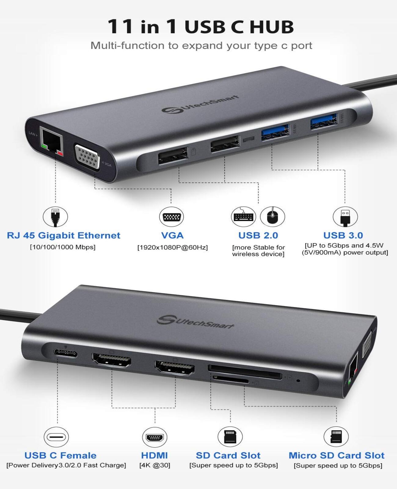 Hub Usb 3.1 6en1 T650c 3 Ports 3.1 + 1 Port Usb-c + Lecteur De