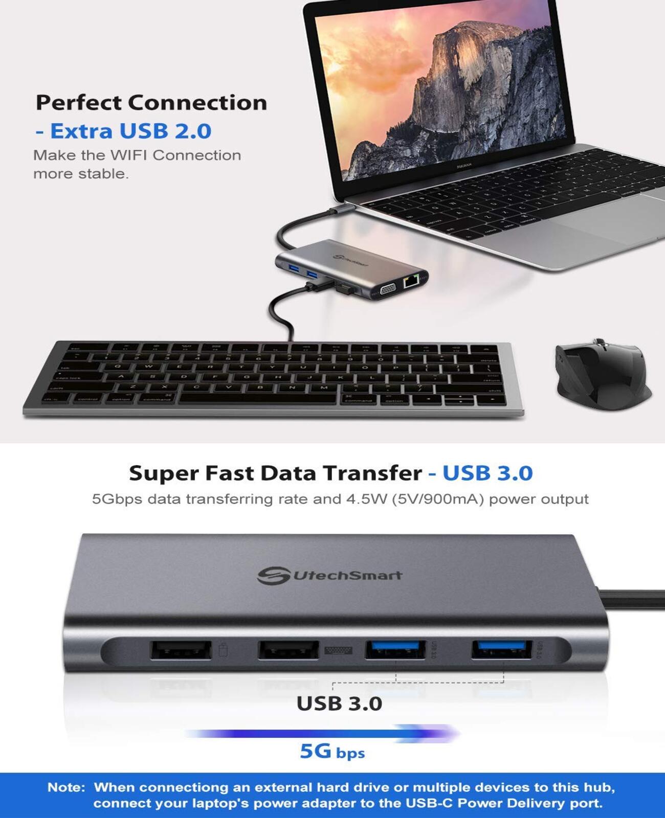 Hiearcool USB C Hub,USB-C Laptop Docking Station,11 in 1 Triple Display  Type C Adapter Compatiable for MacBook and Windows(2HDMI VGA PD3.0 SD TF  Card Reader Gigabit Ethernet 4USB Ports)