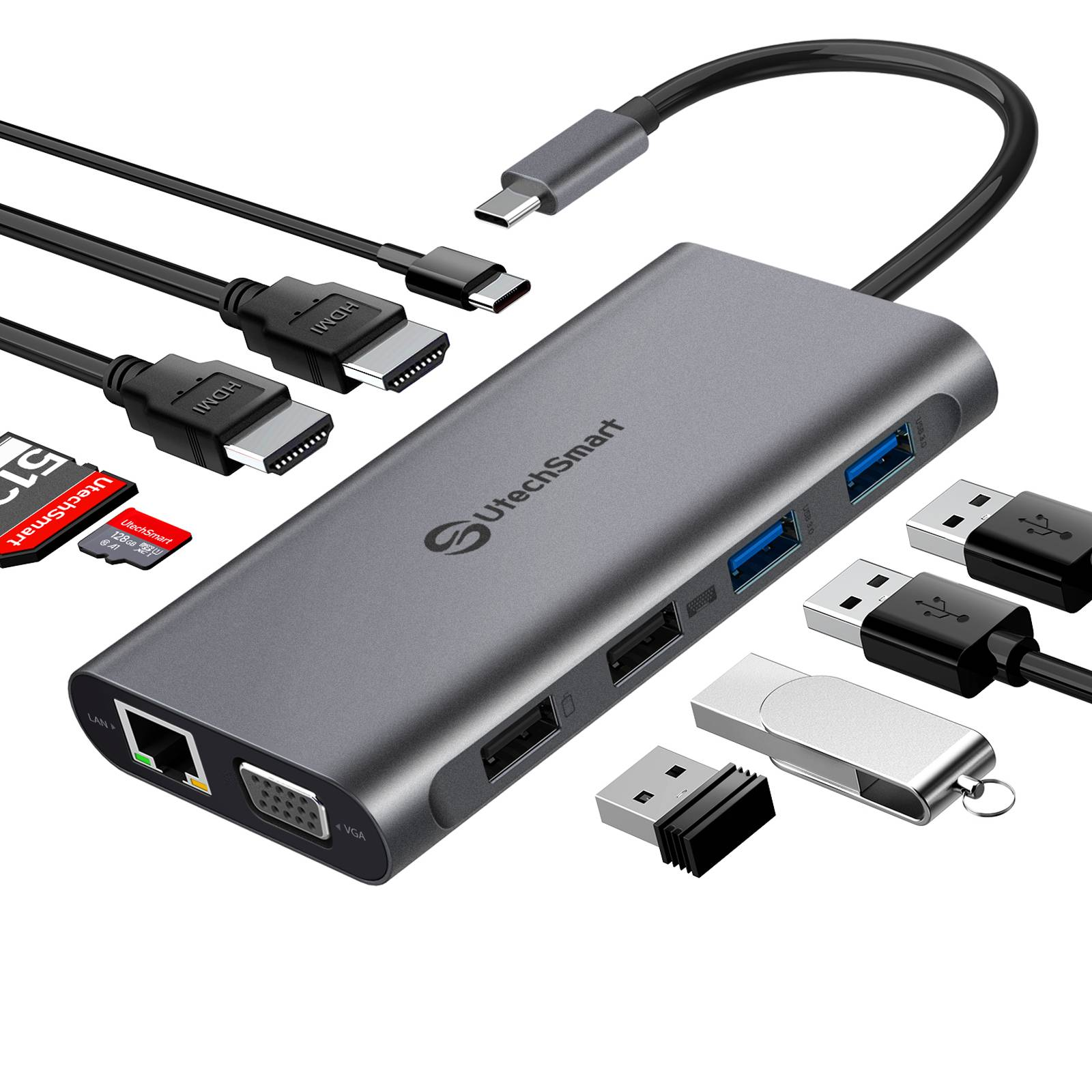 USB C Hub, USB C Adapter, EUASOO 10 in 1 Type c Hub with 1000M RJ45  Ethernet, 4K HDMI, VGA, USB 3.0 Ports, PD 3.0 Charging Port, TF/SD Card  Readers